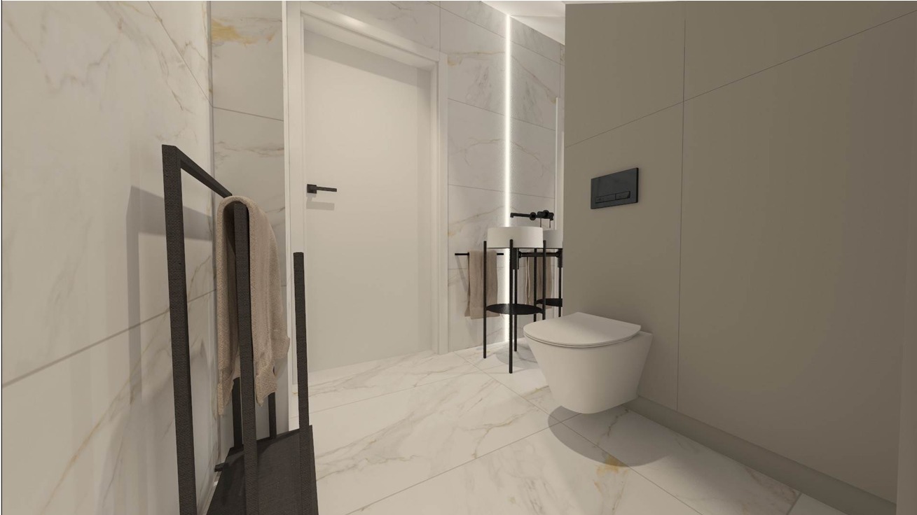 Wizualizacja łazienki z marmurowymi płytkami, wiszącą toaletą, umywalką na metalowym stojaku i czarnym wieszakiem na ręczniki.