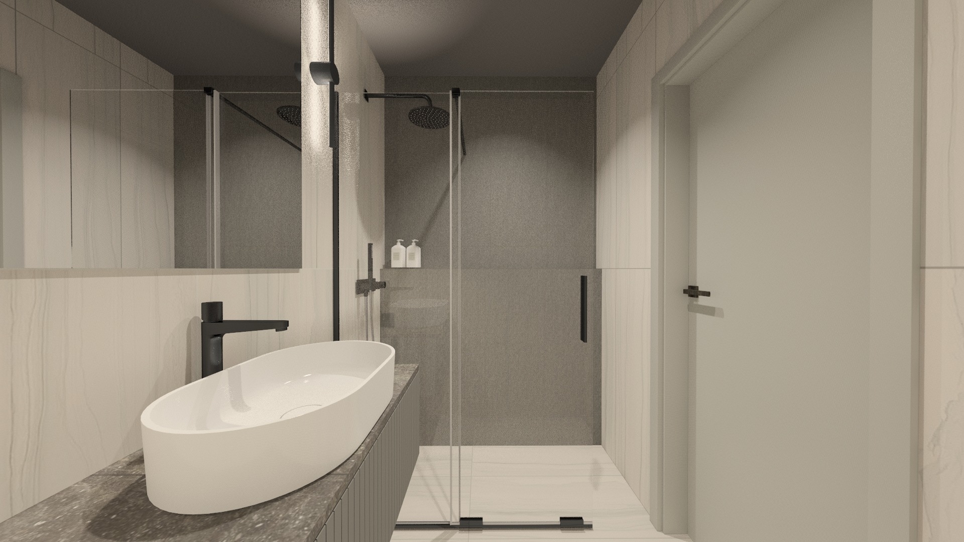 Nowoczesna łazienka z owalną białą umywalką nablatową, czarną armaturą i kabiną prysznicową typu walk-in z szarymi płytkami, minimalistyczny design.