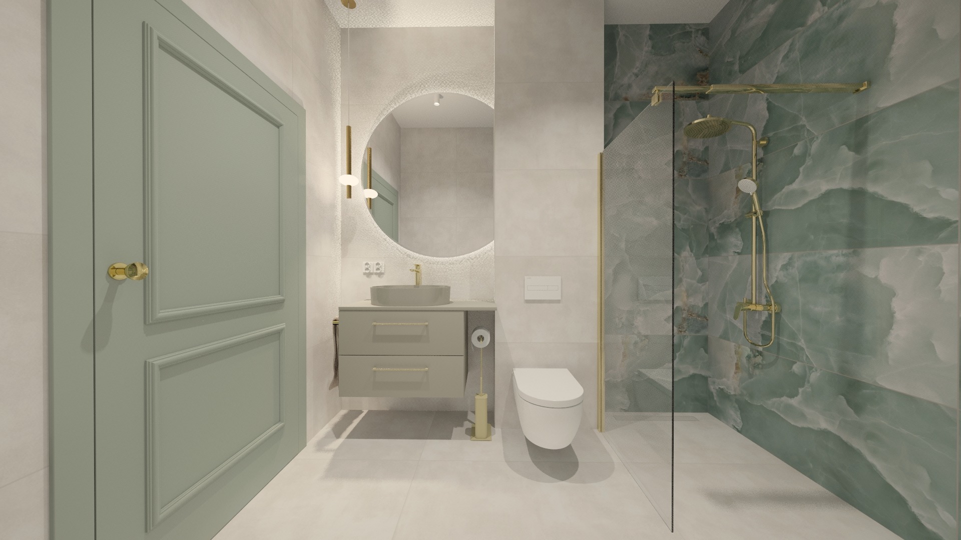Wizualizacja nowoczesnej łazienki z kabiną prysznicową wyłożoną zielonym marmurem, okrągłym lustrem z podświetleniem LED, umywalką nablatową i drzwiami w kolorze pistacjowym.