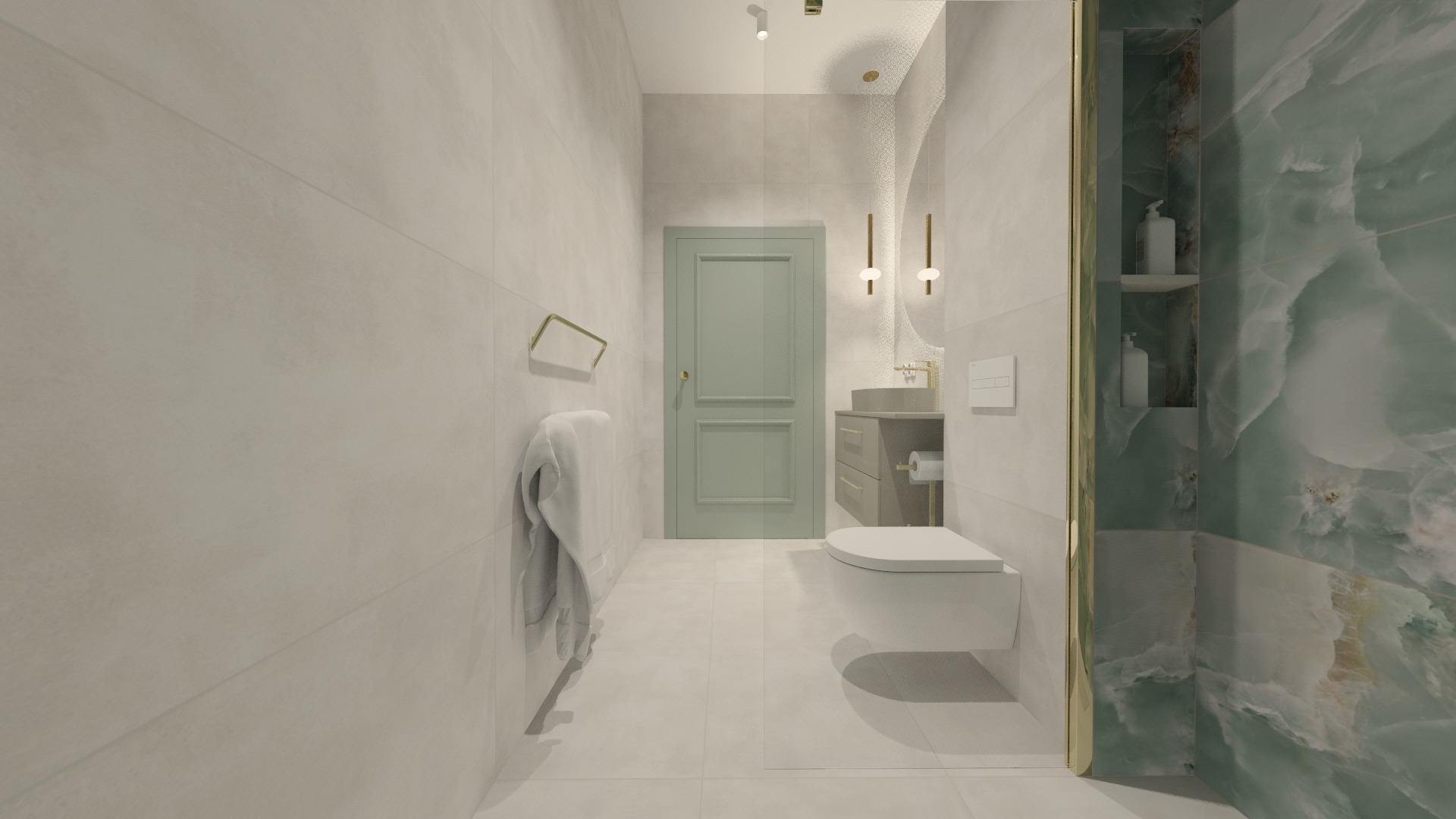 Nowoczesna łazienka w jasnych barwach z akcentami zielonego marmuru, wisząca toaleta, umywalka z szafką w odcieniach szarości i ręcznik na złotym wieszaku