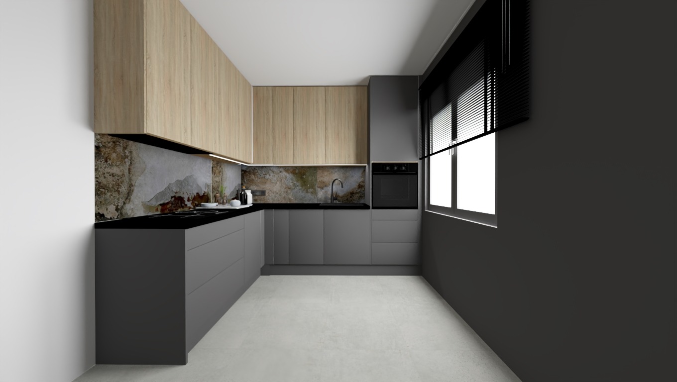 Wizualizacja nowoczesnej kuchni w odcieniach szarości i drewna, z czarnym blatem i oryginalnym panelem ściennym imitującym kamień, oświetlona listwą LED pod szafkami wiszącymi, z widocznym oknem...