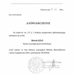 Skan zaświadczenia Ministra Sprawiedliwości o wpisie Marcina Lelo na listę tłumaczy przysięgłych języka niemieckiego z datą 4 października 2006 roku, numer TP/2444/06.