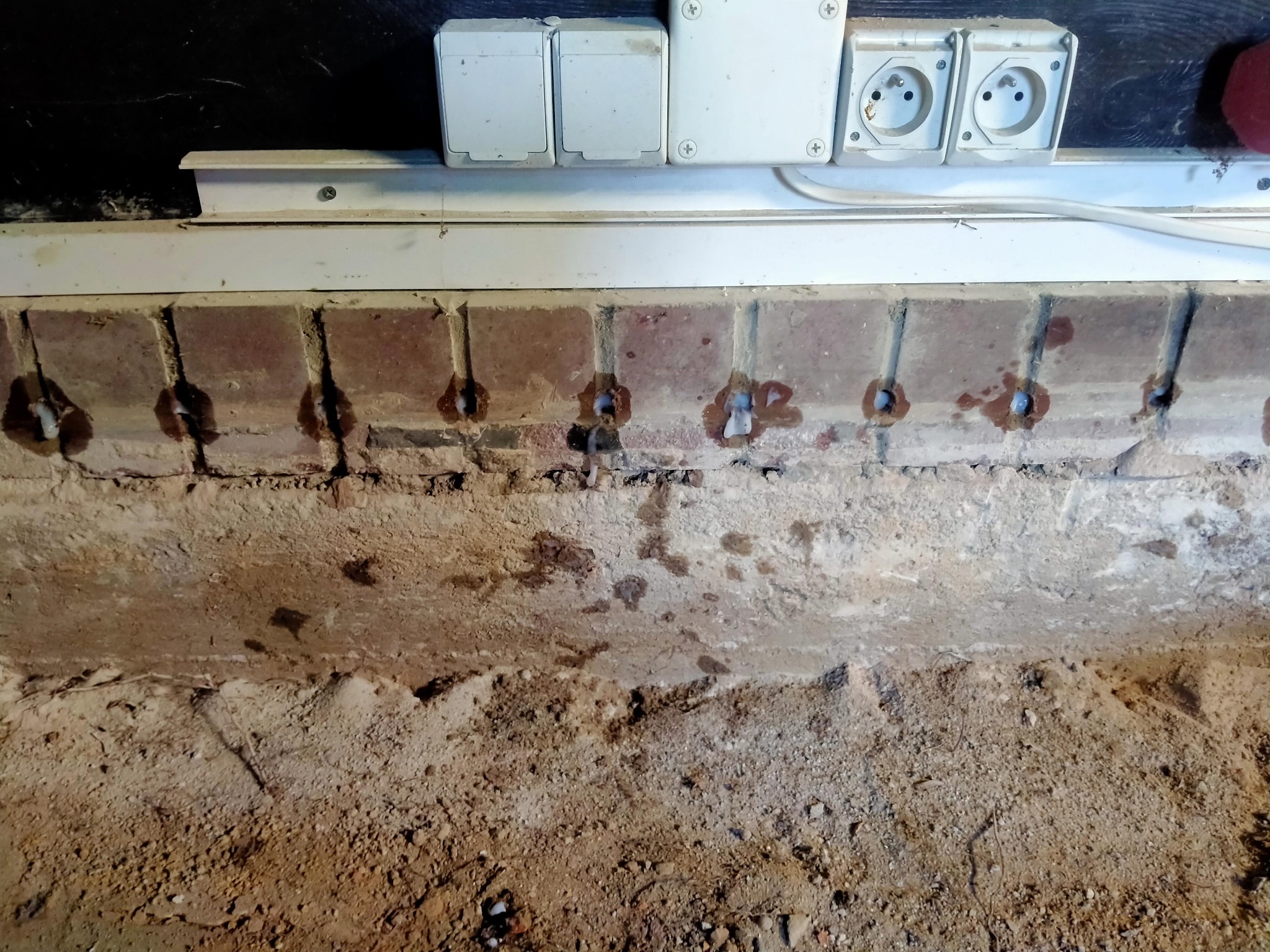 Mokre cegły z widocznymi otworami po iniekcji, ślady wilgoci na ścianie i podłożu, instalacja elektryczna nad cegłami.