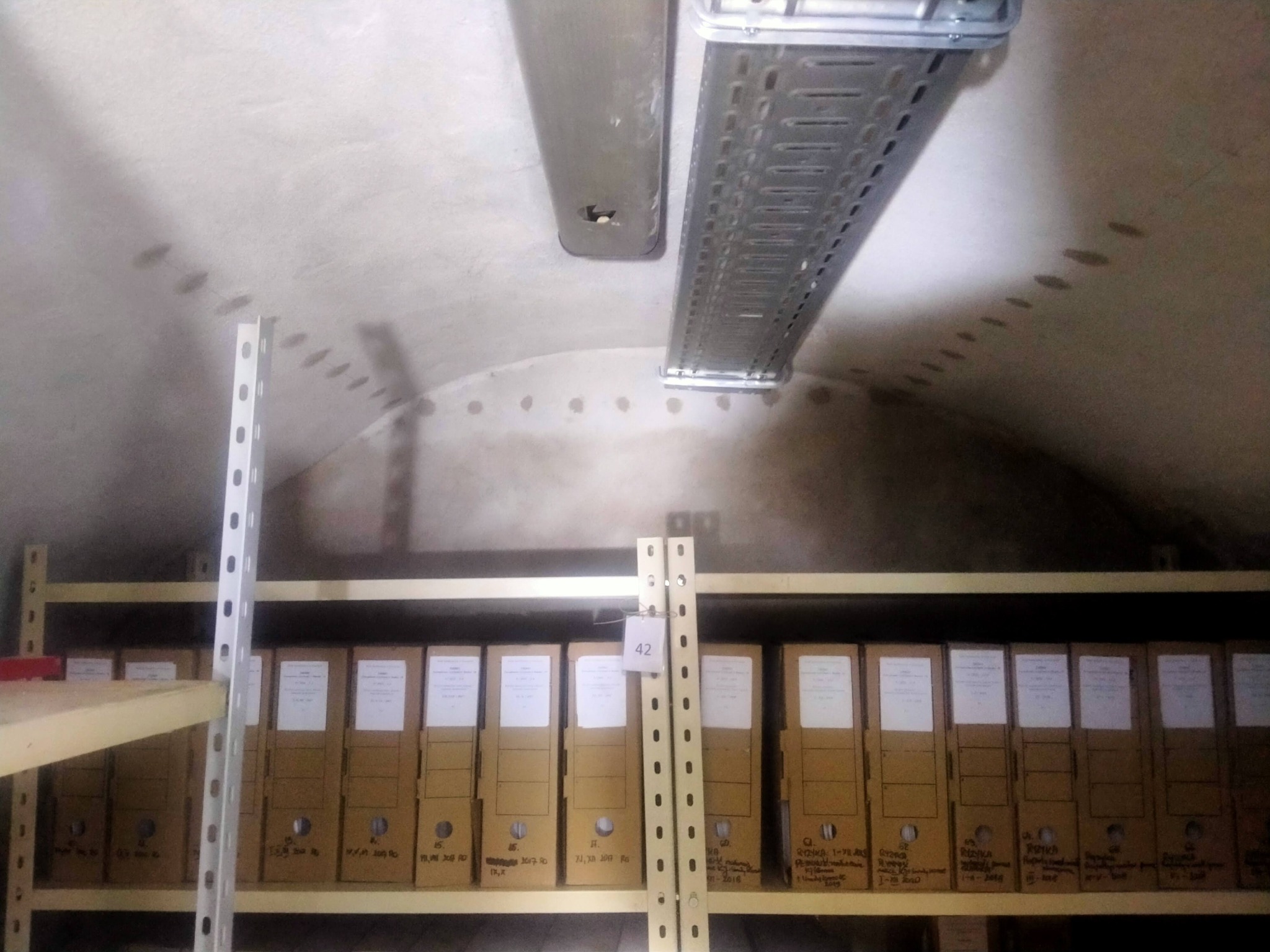 Wilgotne ślady na sklepieniu piwnicy, widoczne rury instalacyjne i metalowe korytko kablowe, poniżej regał z segregatorami.