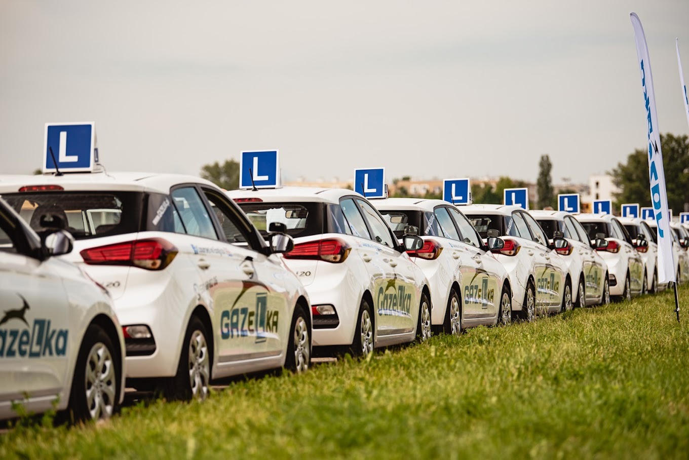 Szereg białych samochodów z oznaczeniem 'L' na dachu i logo 'Gazelka' na boku, stojących na trawiastym terenie, w tle widoczne drzewa i niebo.