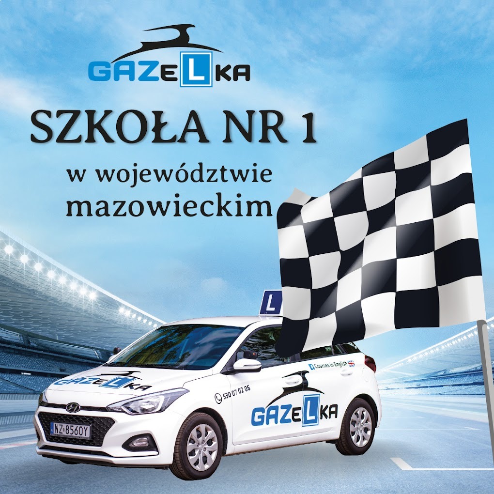 Reklamowe ujęcie białego samochodu z logo firmy na tle stadionu i szachownicy, z napisem 'Szkoła nr 1 w województwie mazowieckim'.