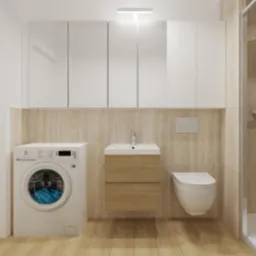 Wizualizacja małej łazienki z pralką Electrolux, podwieszaną szafką z umywalką z drewnianymi frontami, toaletą i kabiną prysznicową z deszczownicą.