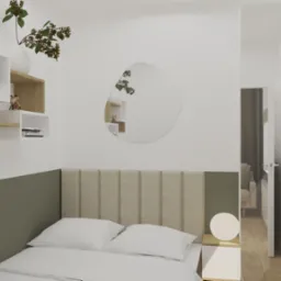 Wizualizacja sypialni w minimalistycznym stylu z łóżkiem z beżowym zagłówkiem, asymetrycznym lustrem i półkami z dekoracjami na ścianie z zielonym akcentem kolorystycznym.