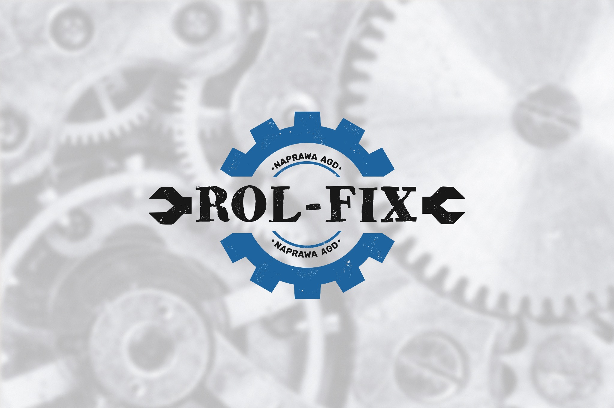 Logo firmy Rol-Fix Naprawa AGD na tle rozmytych, metalowych trybów. Klucz francuski wkomponowany w nazwę, zębatka symbolizuje naprawę.