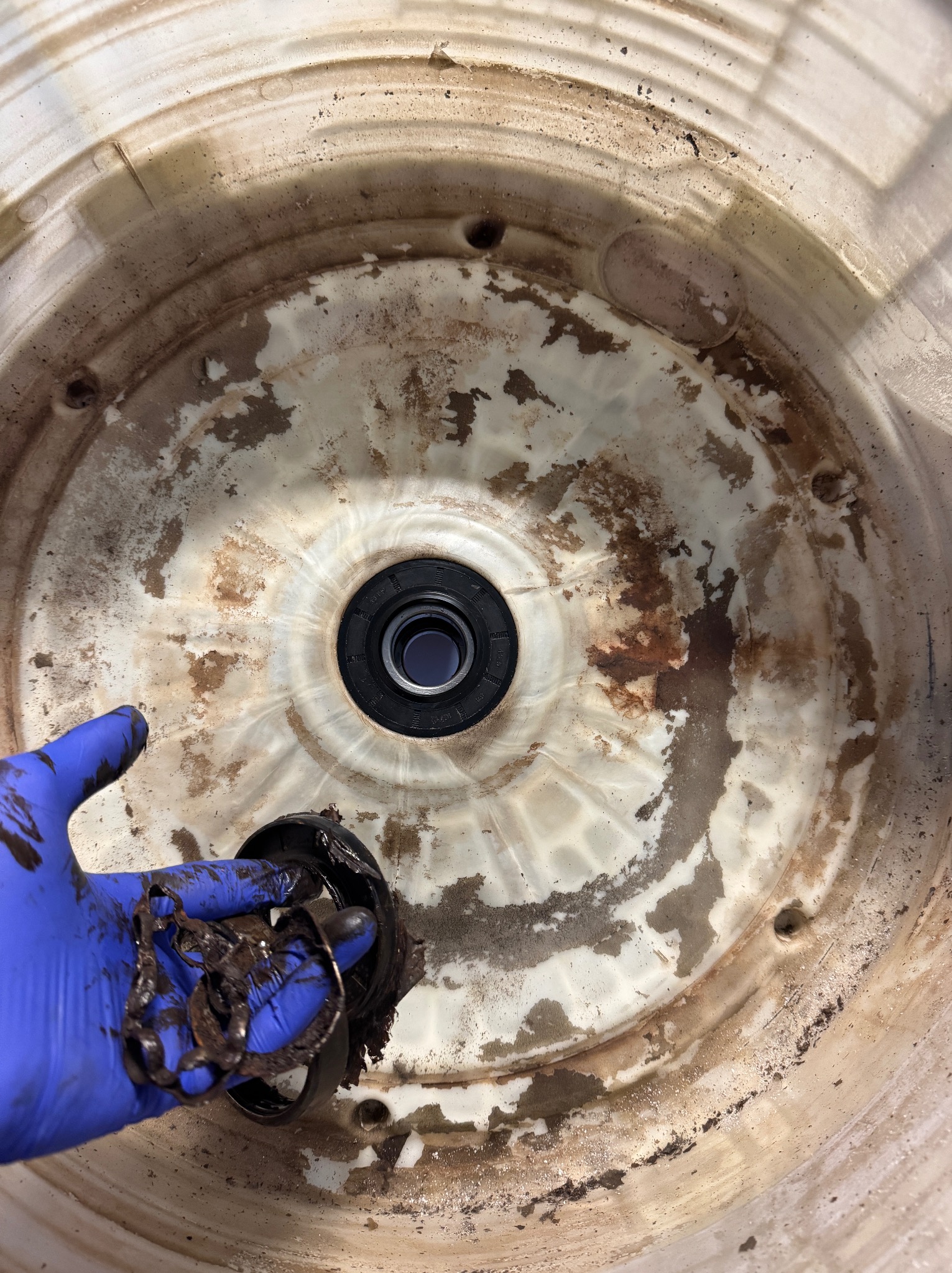 Wnętrze bębna pralki w trakcie naprawy, z widocznym uszczelnieniem i dłonią w niebieskiej rękawicy trzymającą zabrudzone elementy. Widoczne ślady brudu i zużycia.