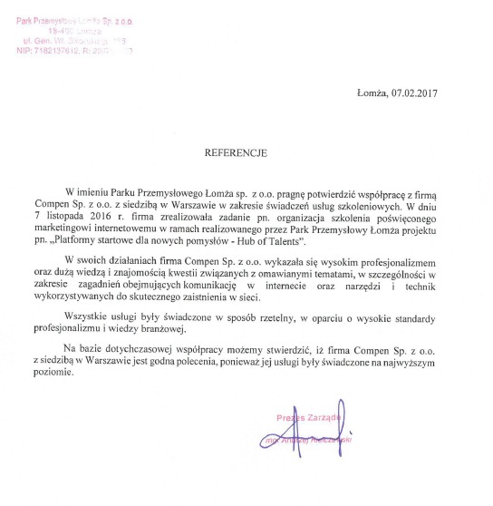 Skan referencji od Parku Przemysłowego Łomża dla firmy Compen Sp. z o.o. za przeprowadzone szkolenie z marketingu internetowego, datowane na 07.02.2017, z podpisem Prezesa Zarządu.