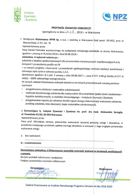 Skan protokołu zdawczo-odbiorczego potwierdzającego wykonanie szkolenia z mediów społecznościowych dla pracowników Instytutu Żywności i Żywienia przez APHR Sp. z o.o.