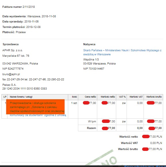 Skan faktury VAT nr 2/11/2018 wystawionej przez APHR Sp. z o.o. dla Ministerstwa Nauki i Szkolnictwa Wyższego za przeprowadzenie szkolenia zamkniętego z zakresu mediów społecznościowych...