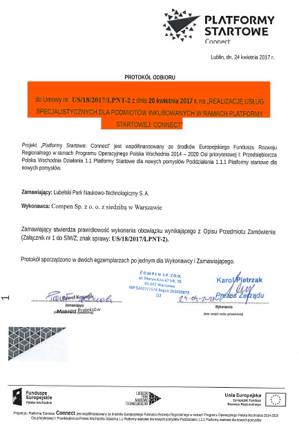 Skan protokołu odbioru usług specjalistycznych dla podmiotów inkubowanych w ramach Platformy Startowej Connect, datowany na 24 kwietnia 2017, z podpisami i pieczątkami Lubelskiego Parku...