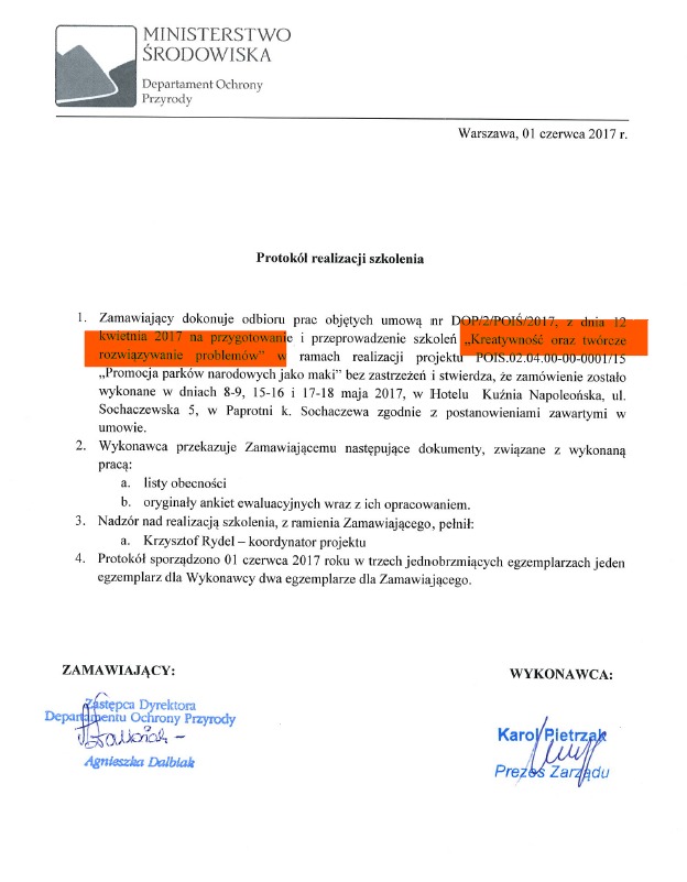 Skan protokołu realizacji szkolenia z marketingu online dla Ministerstwa Środowiska w Warszawie, dokument z datą 01 czerwca 2017, zawierający podpisy Zamawiającego i Wykonawcy.