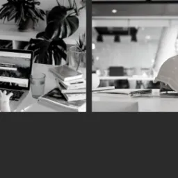 Czarno-białe kolażowe ujęcie: notesy i laptop na biurku, osoba pracująca na laptopie z roślinami, kask ochronny i notatnik w biurze, dłoń trzymająca telefon i kubek z kawą.