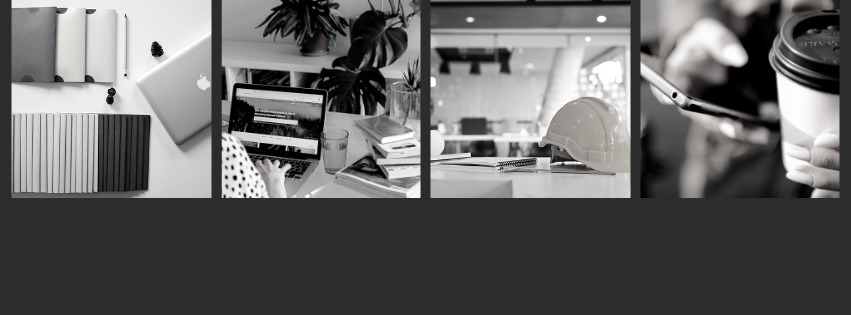 Czarno-białe kolażowe ujęcie: notesy i laptop na biurku, osoba pracująca na laptopie z roślinami, kask ochronny i notatnik w biurze, dłoń trzymająca telefon i kubek z kawą.