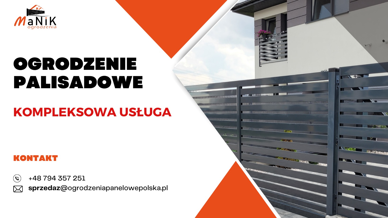 Nowoczesne, poziome ogrodzenie palisadowe w kolorze antracytowym, z bramą wjazdową na tle domu z balkonem z kwiatami.