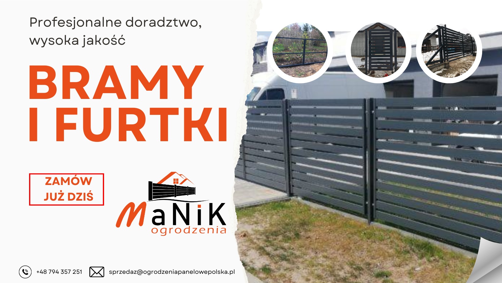 Reklama firmy MaNiK ogrodzenia prezentująca nowoczesne, poziome ogrodzenie z szarych paneli oraz bramy i furtki widoczne w miniaturkach w górnej części reklamy.