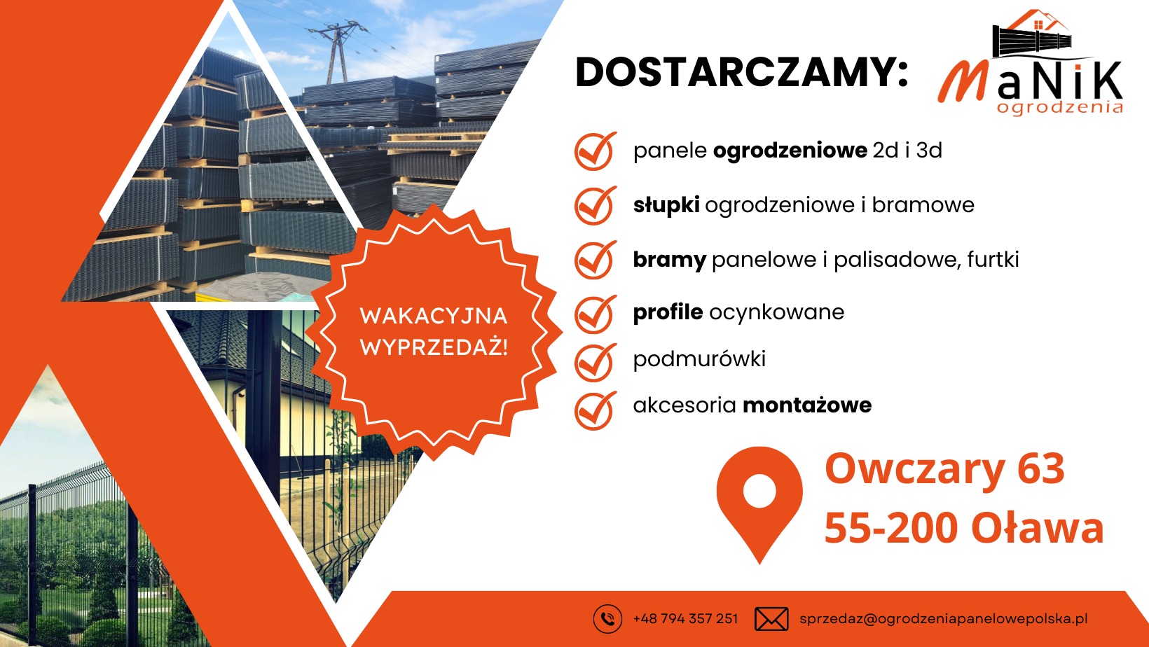 Grafika reklamowa firmy ogrodzeniowej: stosy paneli ogrodzeniowych, fragment zrealizowanego montażu, logo firmy MaNik Ogrodzenia, lista oferowanych produktów (panele 2d i 3d, słupki, bramy, profile...