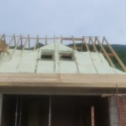 Niedokończony dom z drewnianą konstrukcją dachu i jasną, natryskową izolacją na poddaszu, widok na zalesione wzgórza w tle.