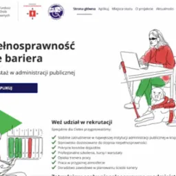 Ilustracja strony internetowej Państwowego Funduszu Rehabilitacji Os&oacute;b Niepełnosprawnych, prezentująca osoby z niepełnosprawnościami w pracy, w tym osobę niewidomą korzystającą z laptopa i psa...