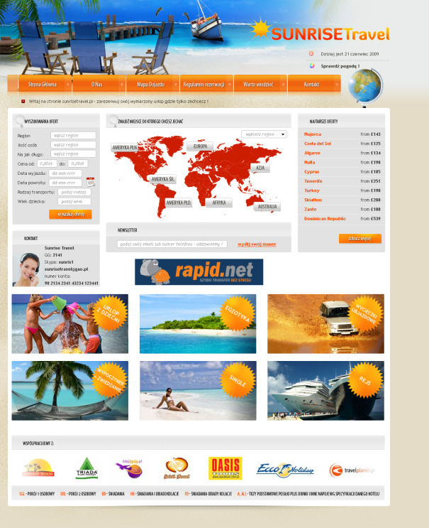 Zrzut ekranu strony internetowej biura podróży Sunrise Travel z mapą świata, formularzem wyszukiwania ofert, newsletterem i ofertami specjalnymi.