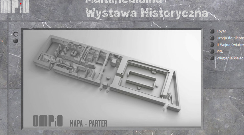 Interaktywna mapa parteru wystawy historycznej OMPiO, prezentująca trójwymiarowy model architektoniczny pomieszczeń i ścieżek zwiedzania.
