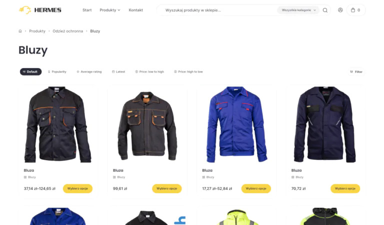 Ekran sklepu internetowego z ofertą bluz roboczych w różnych kolorach i fasonach, prezentowanych na białym tle.