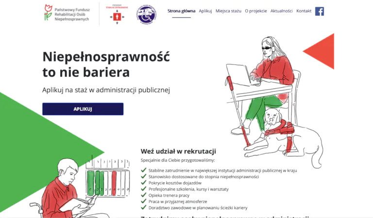 Ilustracja strony internetowej Państwowego Funduszu Rehabilitacji Osób Niepełnosprawnych, prezentująca osoby z niepełnosprawnościami w pracy, w tym osobę niewidomą korzystającą z laptopa i psa...
