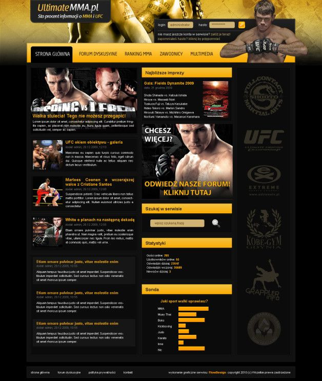 Zrzut ekranu strony internetowej o tematyce MMA, z nagłówkiem, menu nawigacyjnym, artykułami, informacjami o imprezach i sondą.