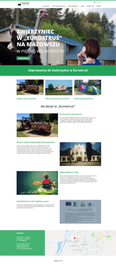 Zdjęcie strony internetowej zwierzyńca 'Eurostruś' na Mazowszu, prezentujące strusia i zaproszenie do rezerwacji.
