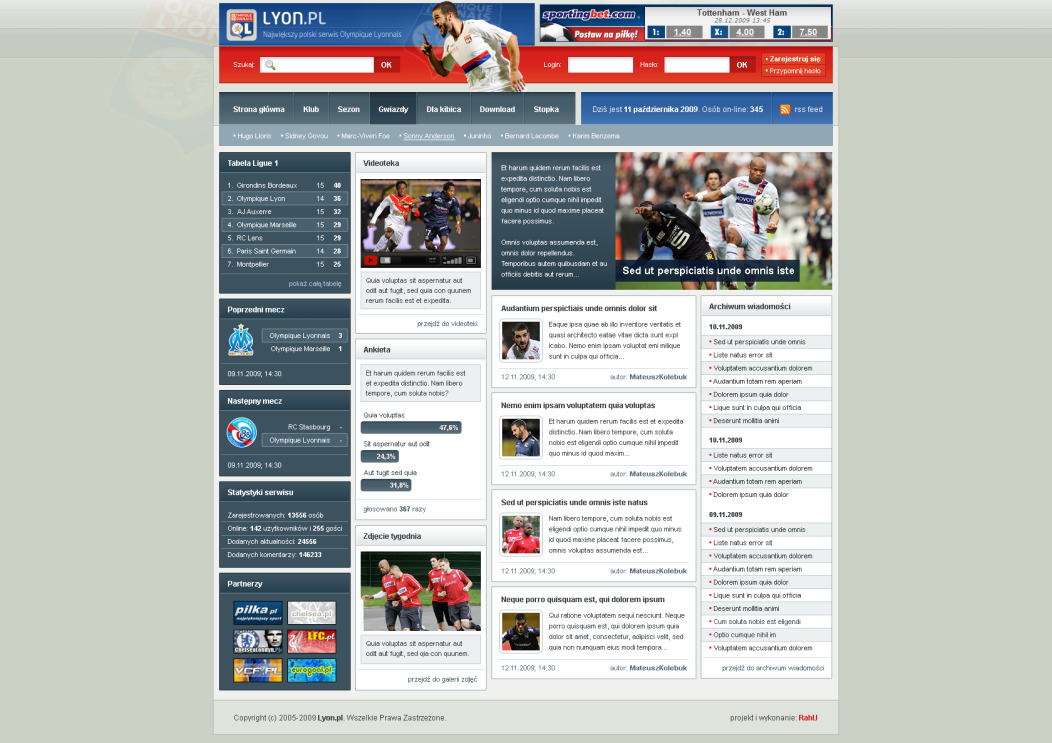 Zrzut ekranu strony internetowej serwisu sportowego Lyon.pl z 11 października 2009 roku, zawierający tabelę ligową, wideotekę, ankietę, zapowiedzi meczów i statystyki serwisu.