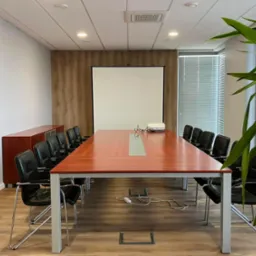 Sala konferencyjna z długim stołem z drewna wiśniowego, czarnymi krzesłami, projektorem na stole i ekranem projekcyjnym, widok z perspektywy osoby stojącej przy wejściu, z rośliną doniczkową...