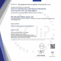 Certyfikat ISO 9001 dla Centrum Szkoleniowego LDM Roksana Michalska, potwierdzający wdrożony System Zarządzania Jakością w oparciu o normę PN-EN ISO 9001:2015-10, wydany przez Europejskie Centrum...