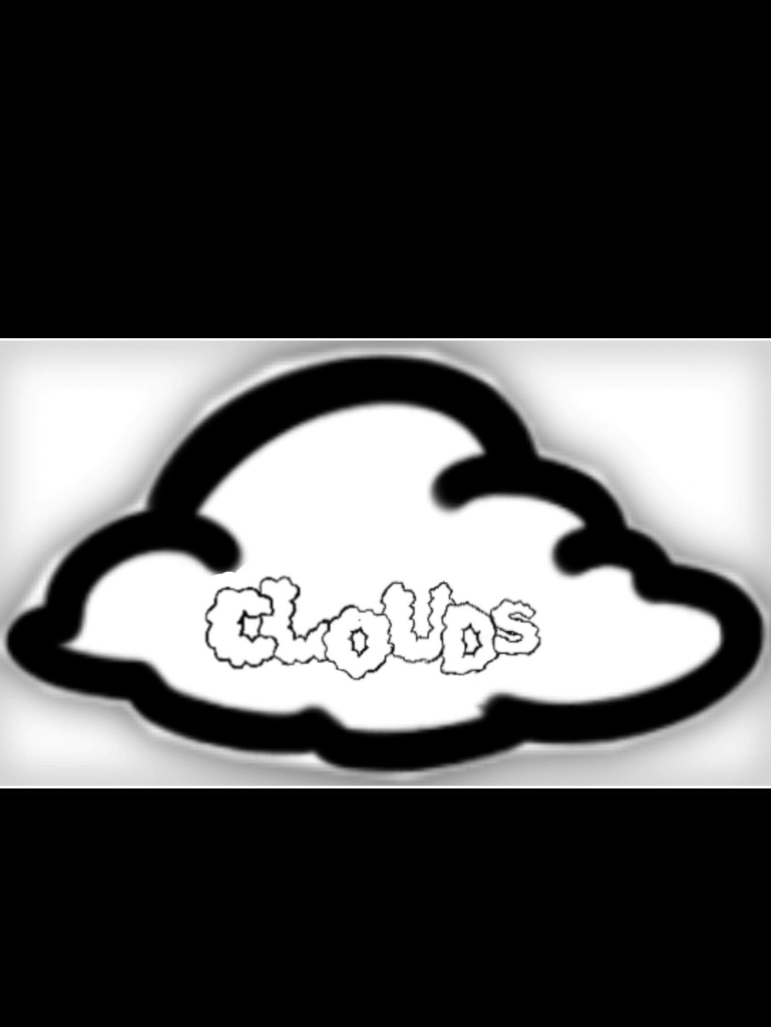 Grafika przedstawiająca stylizowaną chmurę z napisem 'CLOUDS' wewnątrz, wykonana w czarno-białej kolorystyce.