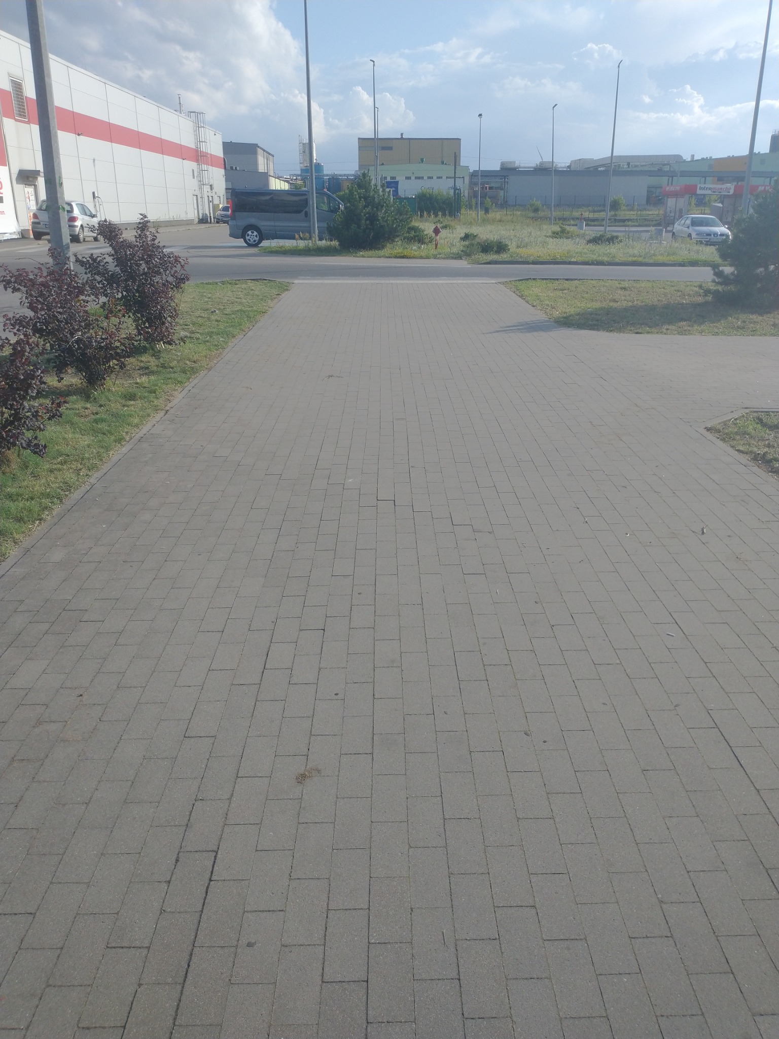 Szeroki chodnik wyłożony szarą kostką brukową, prowadzący w kierunku ulicy i budynków w tle, z fragmentami trawnika i niskiej zieleni po bokach.