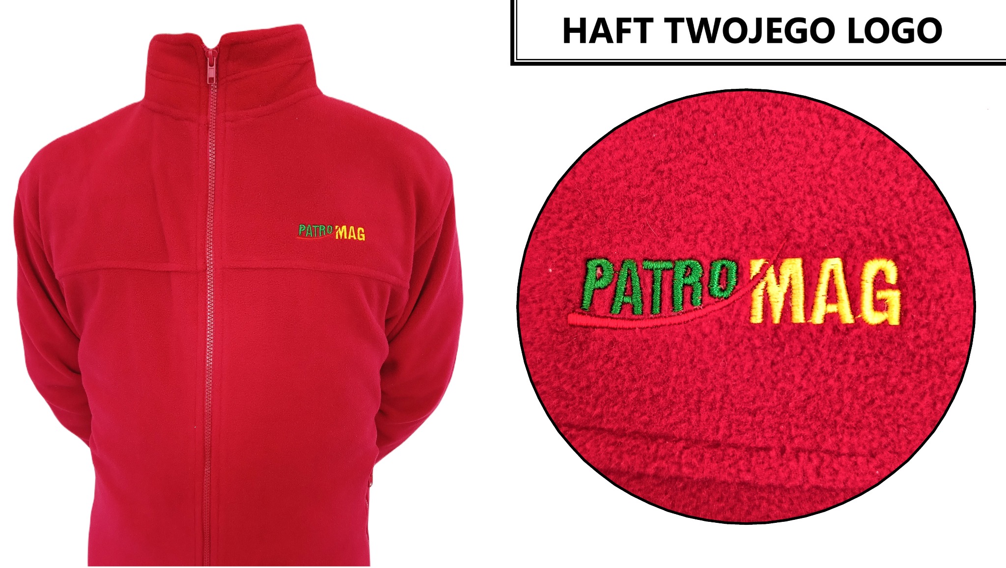 Czerwona bluza polarowa z haftowanym logo 'PATRO'MAG', zbliżenie na haft w okręgu, prezentacja usługi haftowania logo na odzieży.
