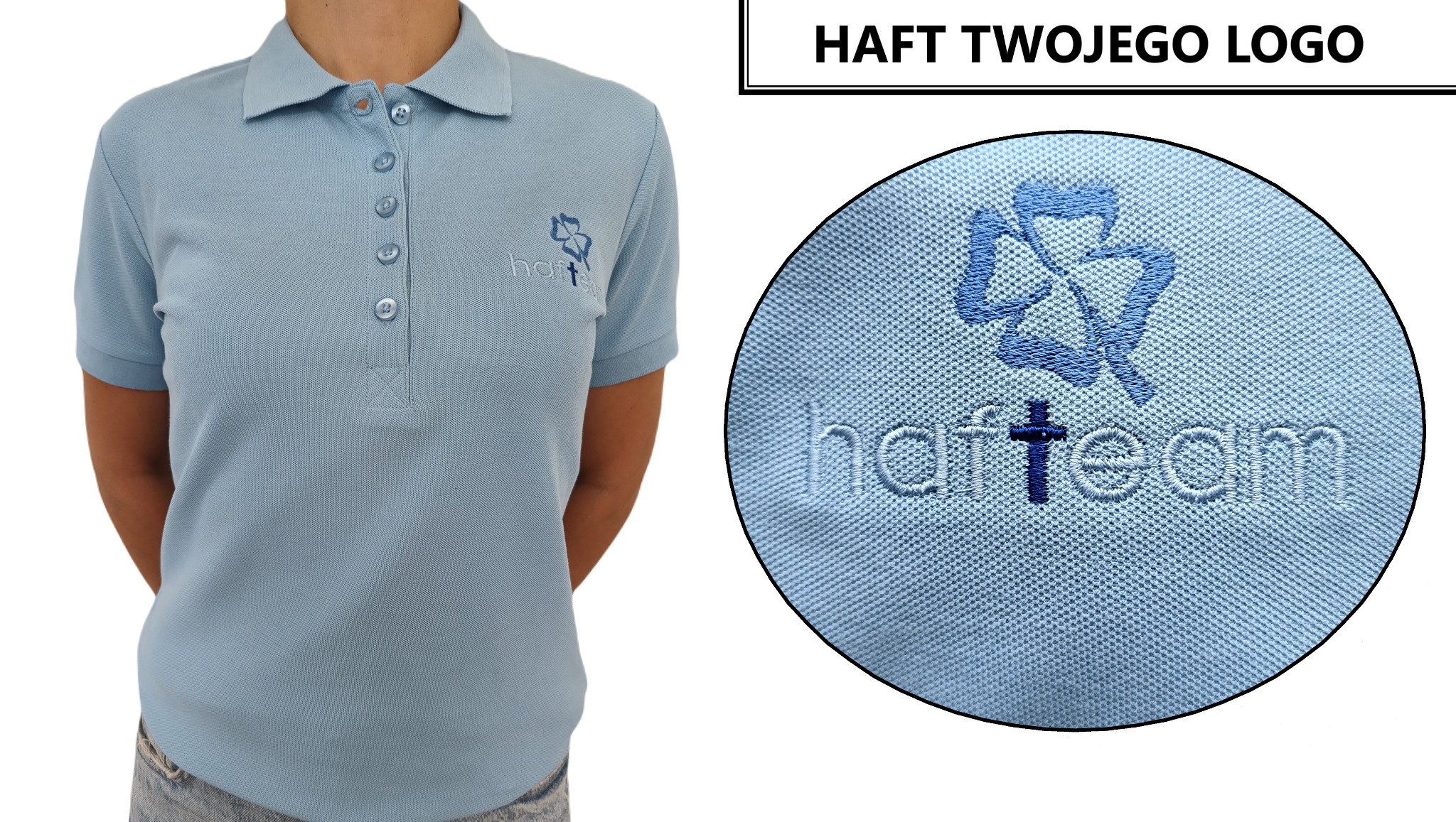 Jasnoniebieska koszulka polo z delikatnym haftem logo 'hafteam' na lewej piersi, zbliżenie haftu w okręgu po prawej stronie.
