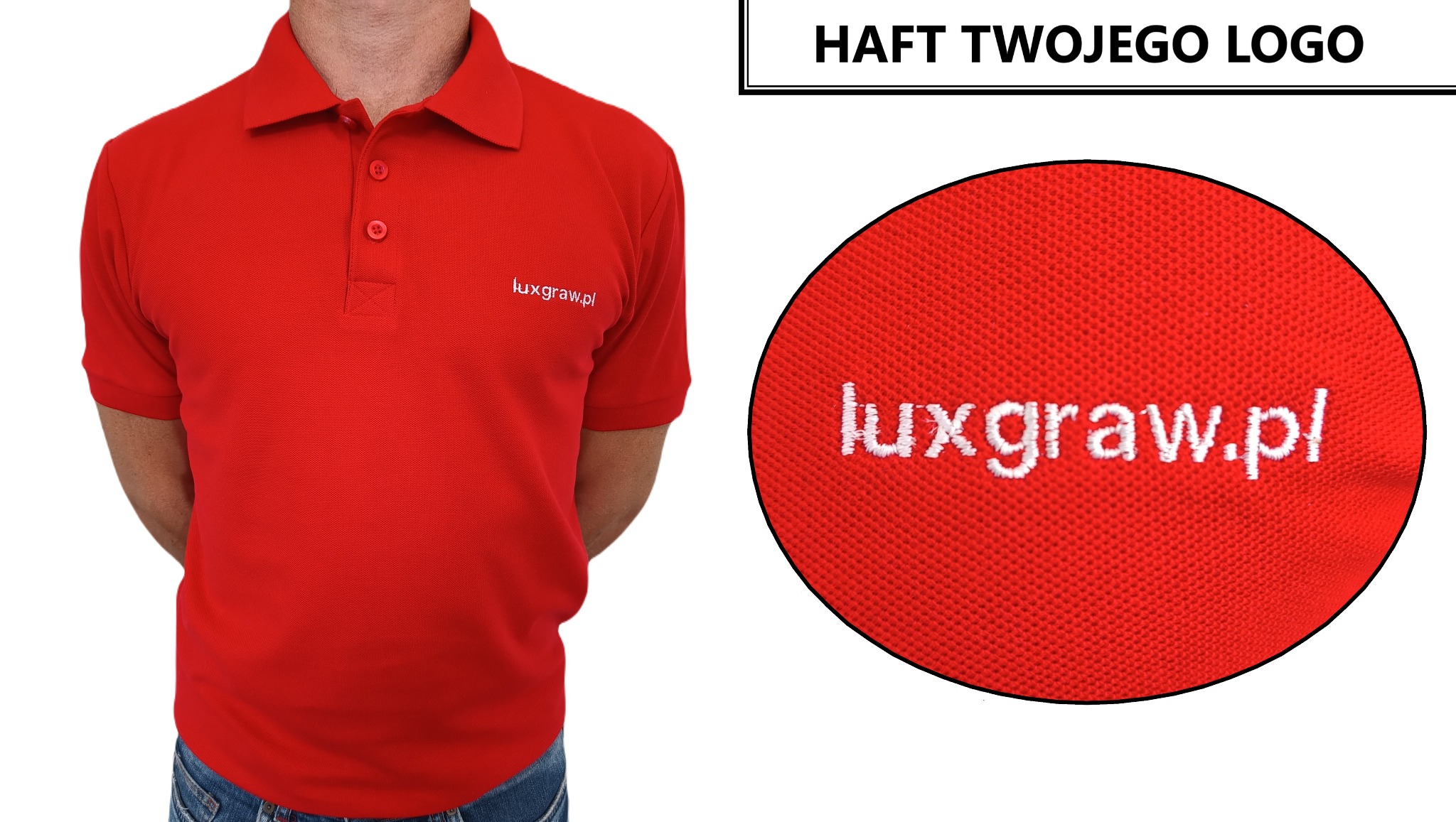 Czerwona koszulka polo z haftowanym logo 'luxgraw.pl', zbliżenie na haftowane detale.