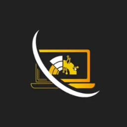 Grafika logo przedstawiająca laptopa z symbolem lwa i elementami układu scalonego w kolorach złotym i białym na czarnym tle.