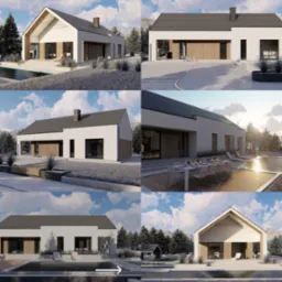 Kolaż sześciu wizualizacji nowoczesnego, białego domu z szarym dachem, z basenem i otoczeniem górskim, prezentujący różne ujęcia i detale architektoniczne.