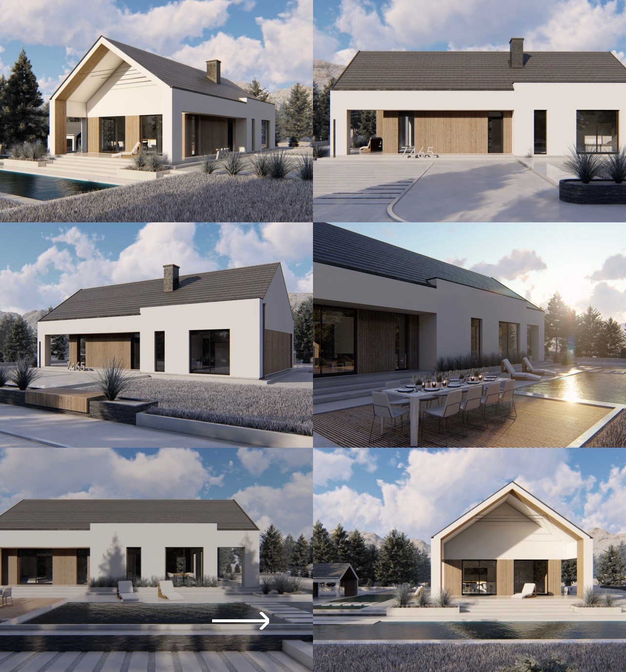 Kolaż sześciu wizualizacji nowoczesnego, białego domu z szarym dachem, z basenem i otoczeniem górskim, prezentujący różne ujęcia i detale architektoniczne.
