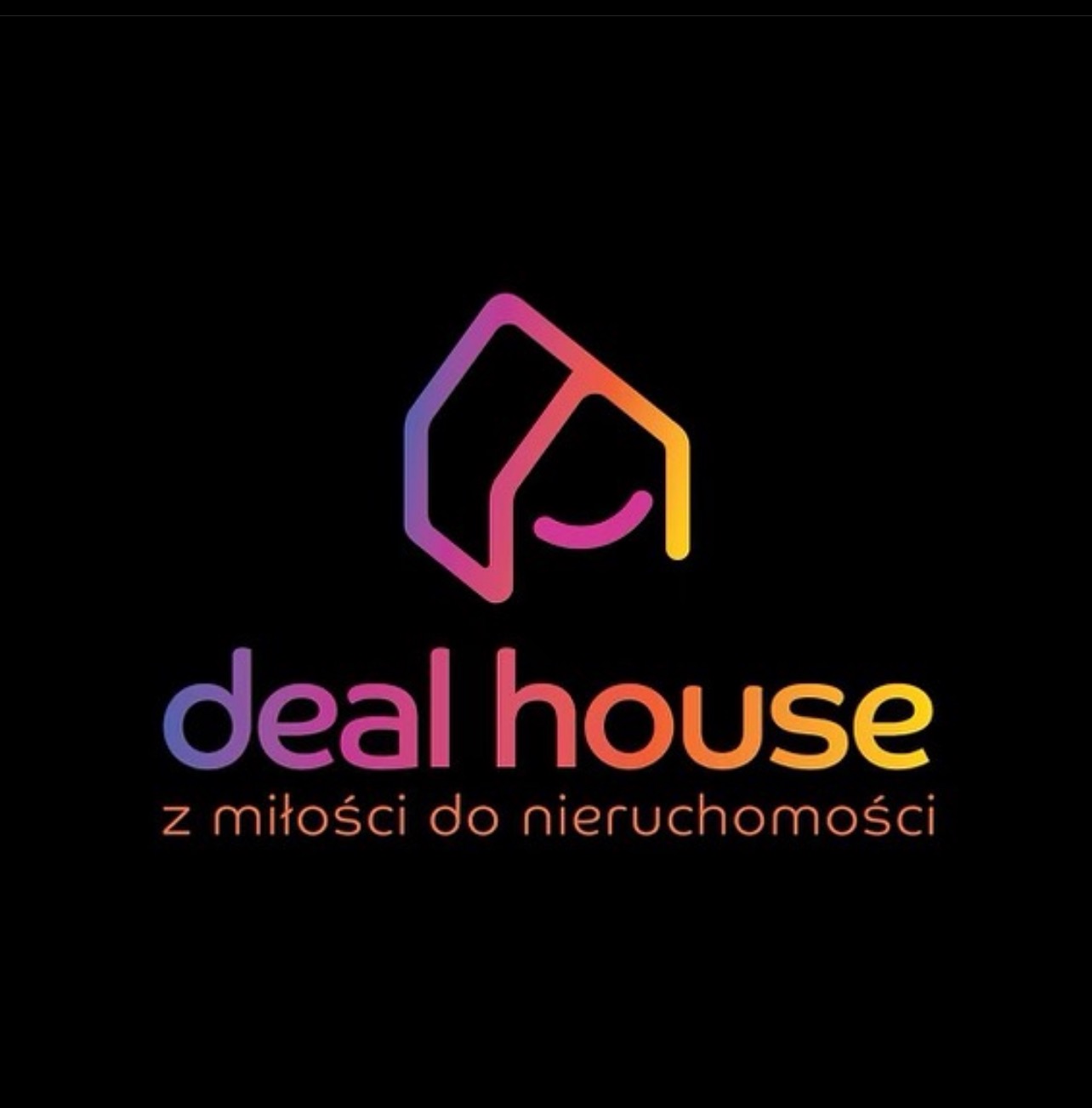 Kolorowe logo firmy Deal House z motywem domu i napisem 'z miłości do nieruchomości' na czarnym tle.