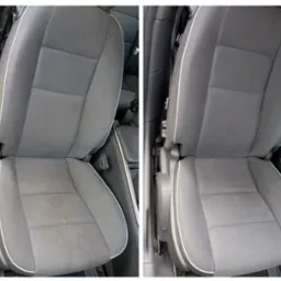Porównanie fotela samochodowego przed i po czyszczeniu tapicerki, widoczna różnica w odświeżonym wyglądzie materiału.