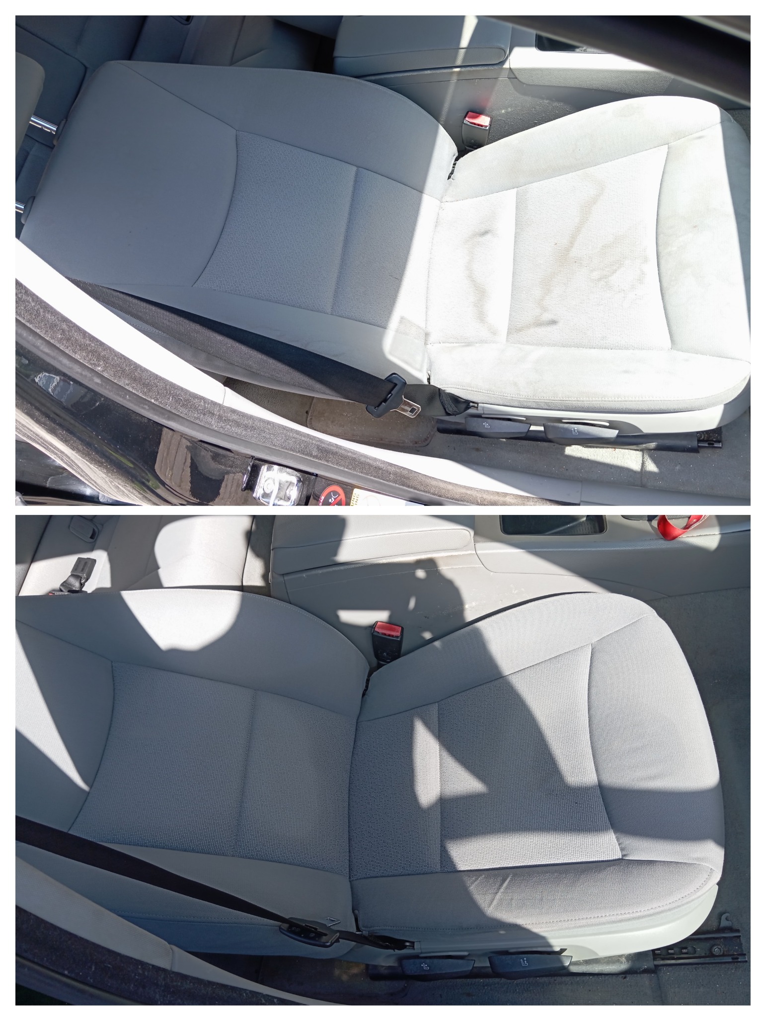 Zdjęcie typu 'przed i po' przedstawiające szare, materiałowe siedzenie samochodowe: górna część pokazuje zabrudzenia, a dolna część prezentuje siedzenie po czyszczeniu, z widoczną różnicą w czystości.