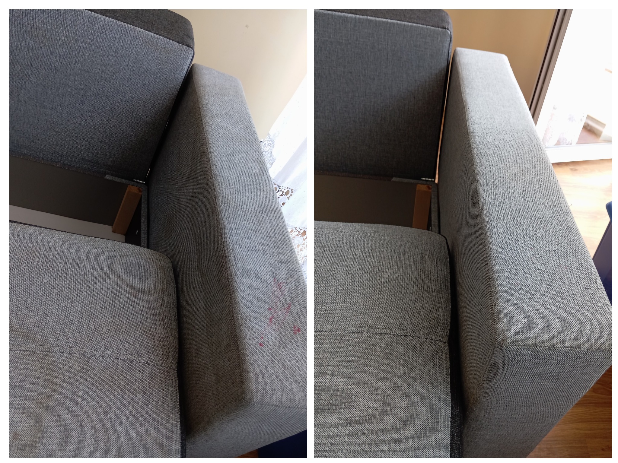 Porównanie fragmentu szarej kanapy przed i po czyszczeniu: po lewej widoczne czerwone plamy, po prawej czysta tapicerka.