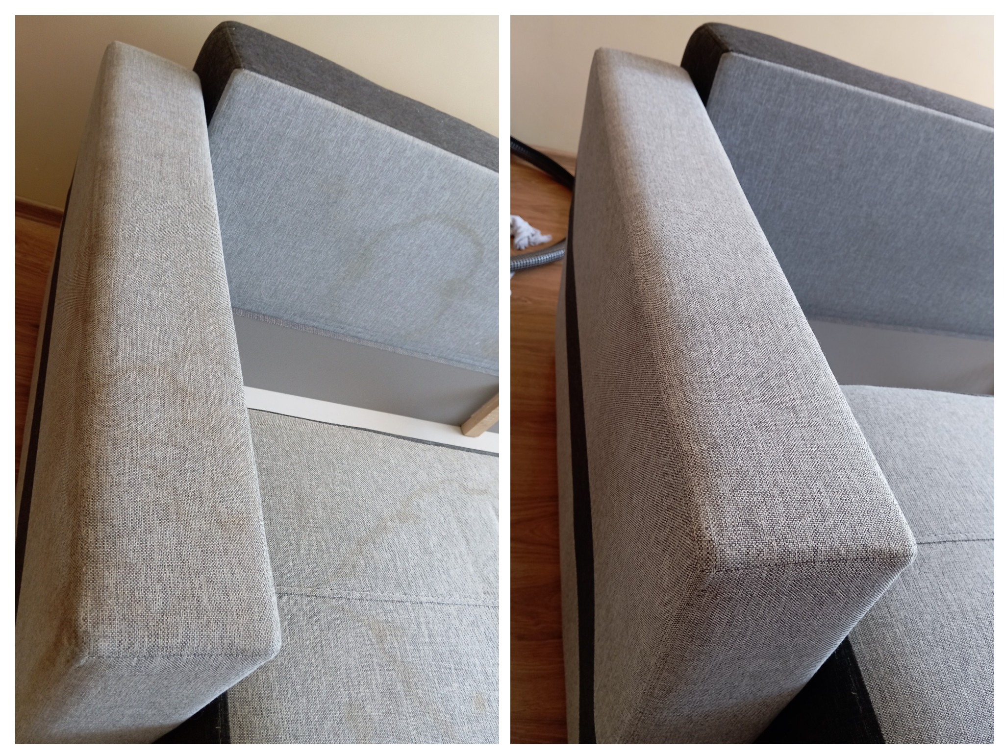 Dwa ujęcia tej samej kanapy: po lewej widoczne plamy na szarym obiciu, po prawej obicie po czyszczeniu, jednolite i jaśniejsze.