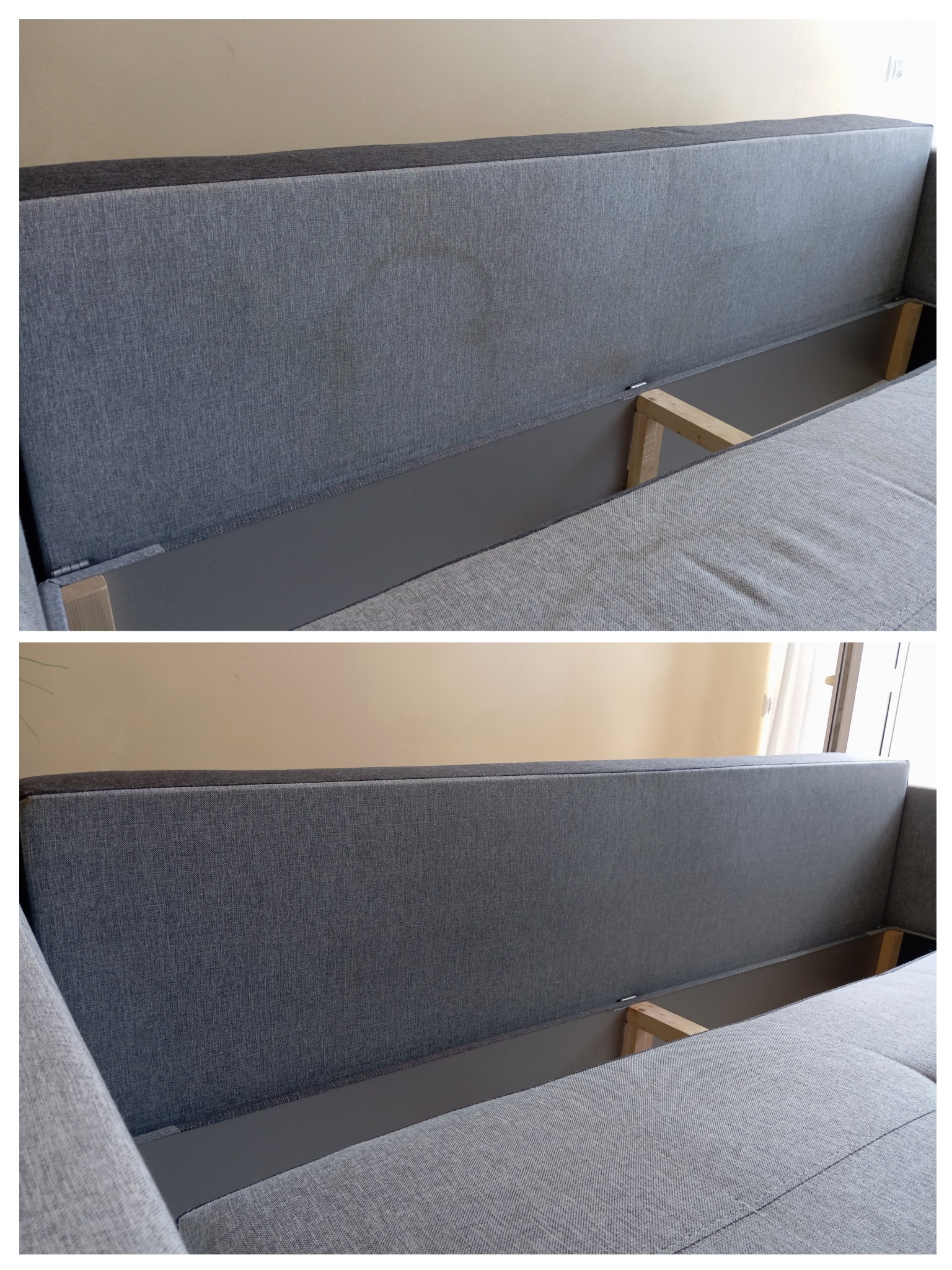 Szara kanapa z podniesionym siedziskiem ukazującym schowek z drewnianą konstrukcją wsporczą, widoczne ślady użytkowania na tapicerce.