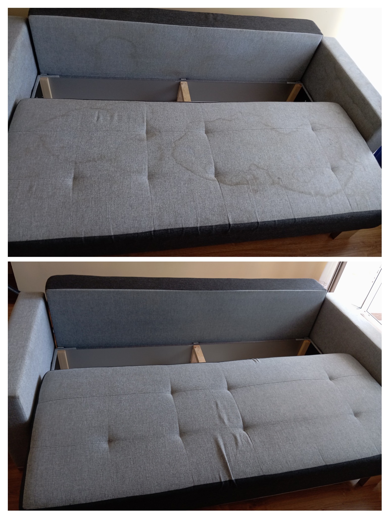 Dwa ujęcia rozkładanej, szarej kanapy z widocznymi plamami na siedzisku przed i po czyszczeniu. Widoczne drewniane elementy konstrukcyjne. Opis firmy: Kanapa 3 lata używana.